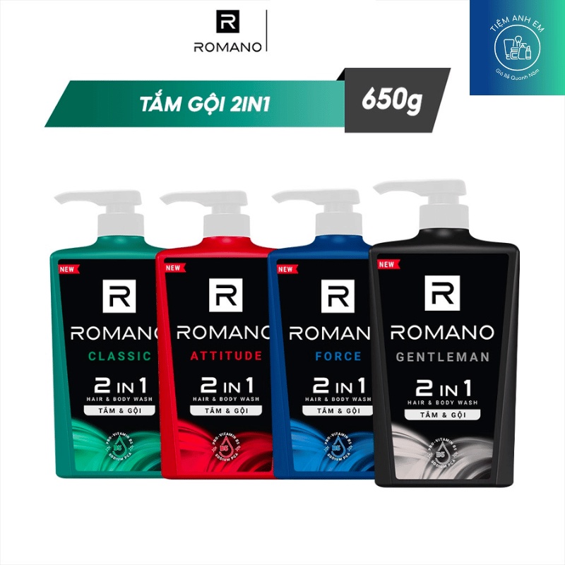 Tắm gội 2 trong 1 hương nước hoa Romano 2in1 Classic/ Force/ Gentleman/ Attitude chai 650g