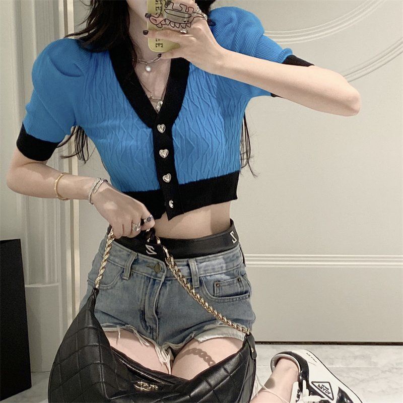 Áo Thun Tay Ngắn Phồng Cổ Chữ V Thời Trang Mùa Hè Mới 2022 Dành Cho Nữ