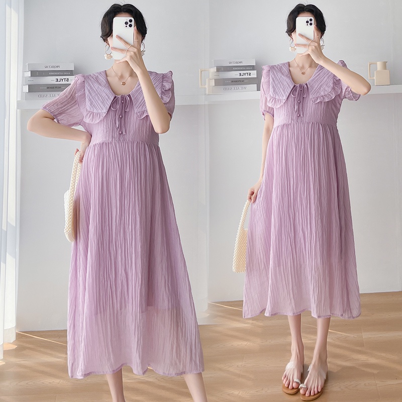 Đầm Bầu Dáng Dài Cổ Búp Bê Màu Tím Nhẹ Nhàng Phong Cách Pháp