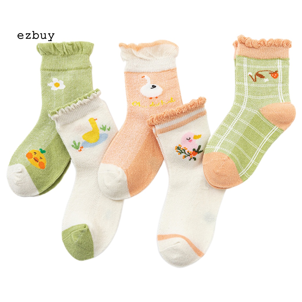 [EY] Set 5 Đôi Tất Lưới Mỏng Thoáng Khí Chống Mài Mòn In Họa Tiết Hoạt Hình Ngang Mắt Cá Chân Cho Bé Gái Trong Nhà
