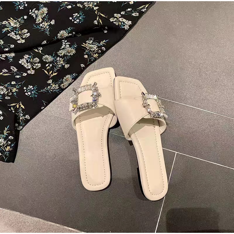 Giày Sandals Da Đế Bằng Đính Đá Trang Trí Lấp Lánh Thời Trang Cho Nữ