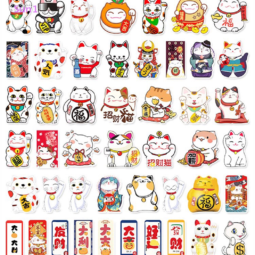 Set 50 Miếng Dán Hình Mèo May Mắn Graffiti Trang Trí Vali Laptop Xe Đạp