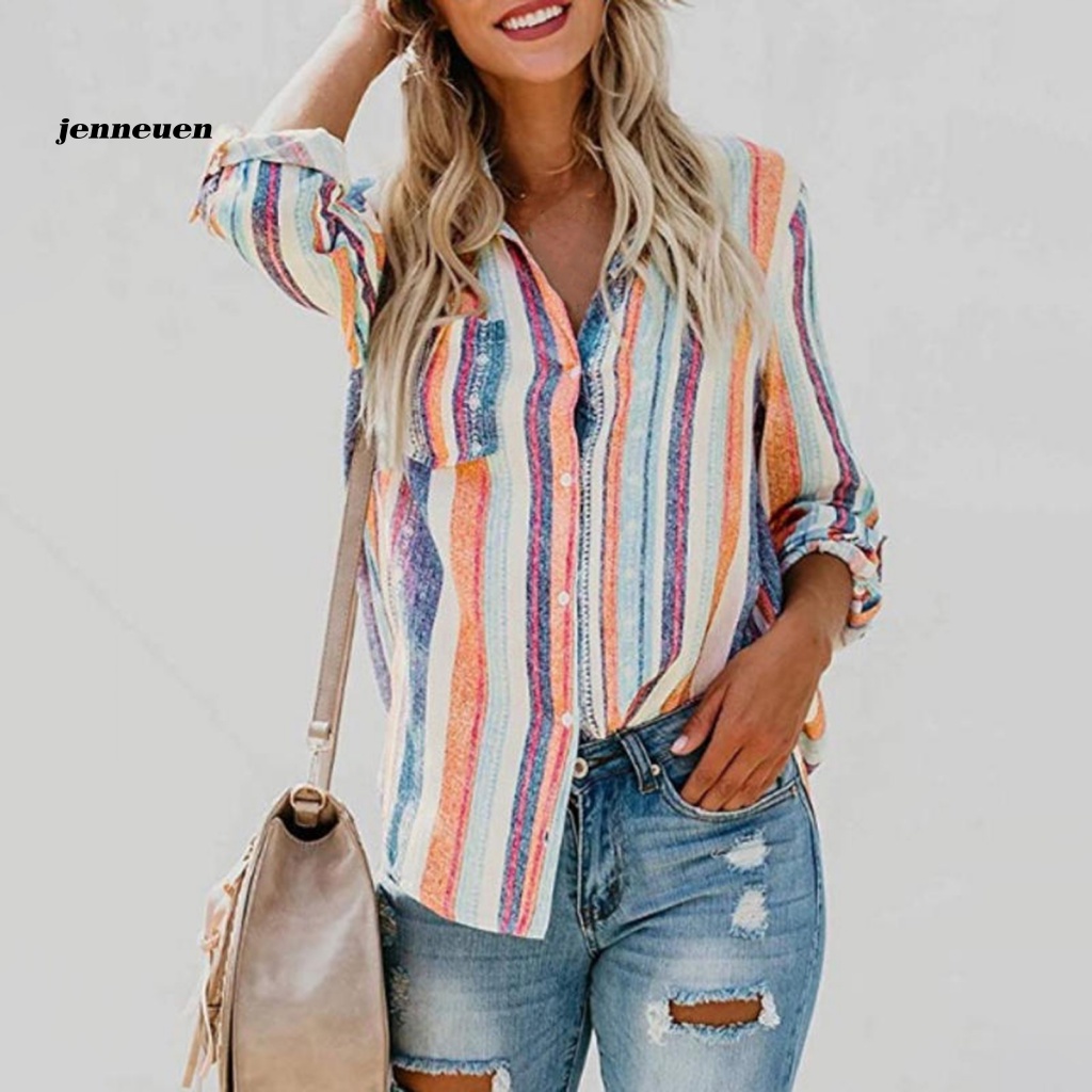 Áo Sơ Mi Tay Dài Kẻ Sọc Dọc Phối Túi Và Nút Thời Trang Công Sở Cho Nữ