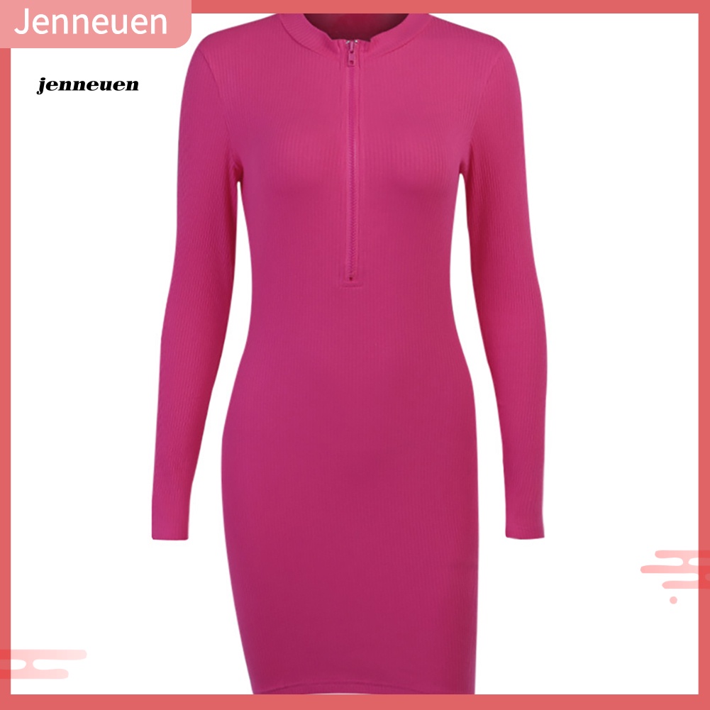 Đầm Ngắn Ôm Dáng Tay Dài Màu Trơn Có Khóa Kéo Phía Trước Gợi Cảm Cho Nữ