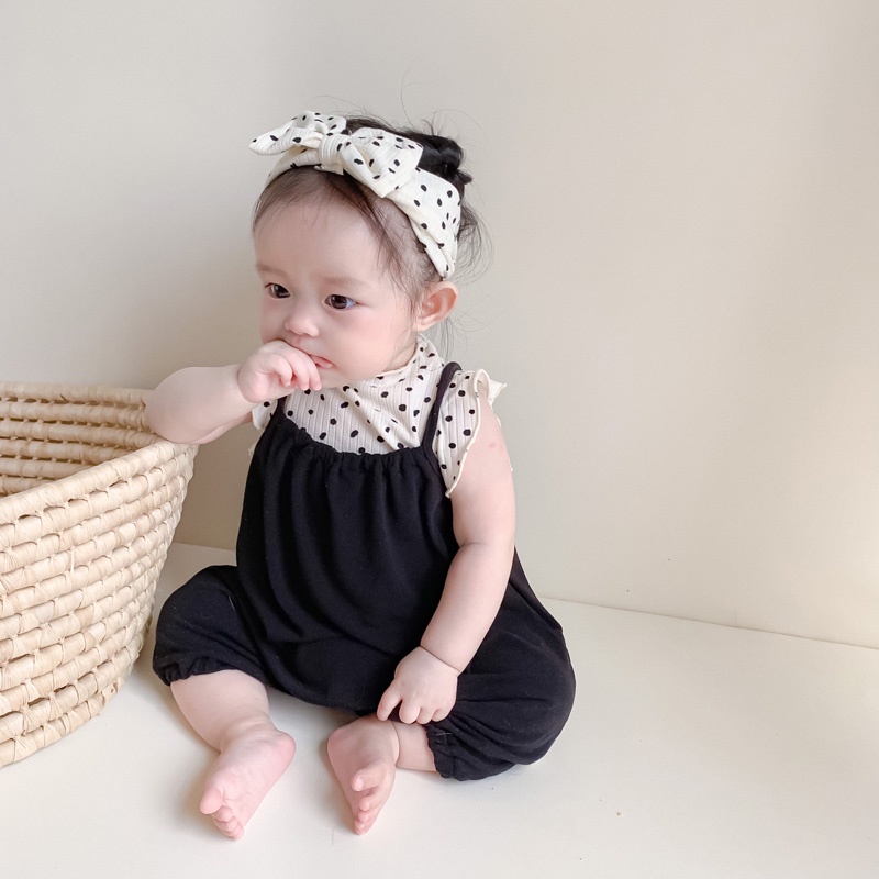 Áo Không Tay Chấm Bi + Băng Đô Nơ Thời Trang Mùa Hè Hàn Quốc Cho Bé Gái