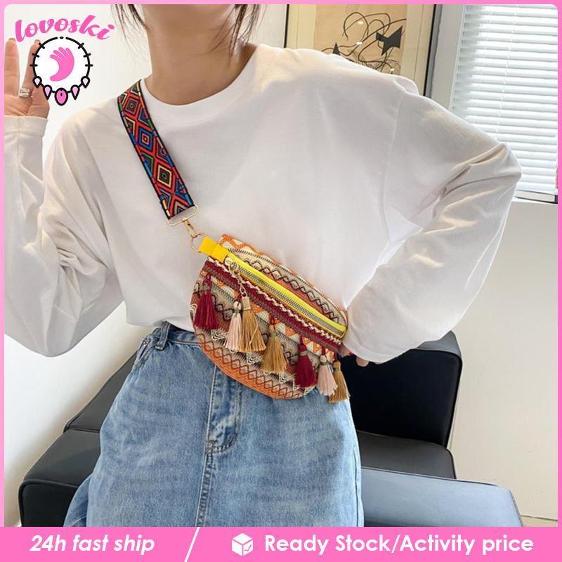 Túi Đeo Chéo Ngực Phối Tua Rua Phong Cách Bohemian Thời Trang