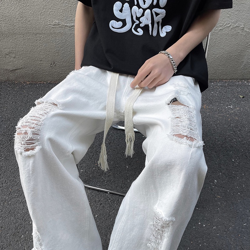 Quần Jean Dài Dáng Rộng Rách Gối Phong Cách Đường Phố Mùa Hè Cho Nam