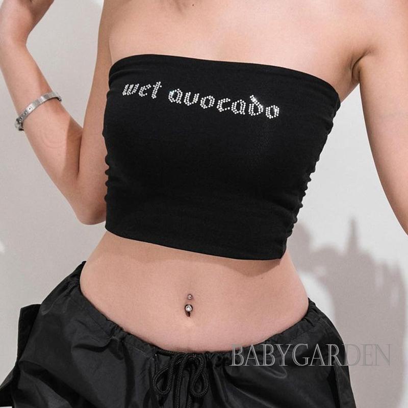 Áo Croptop Trễ Vai Không Dây Co Giãn In Chữ Đính Đá Thời Trang Mùa Hè Cho Nữ