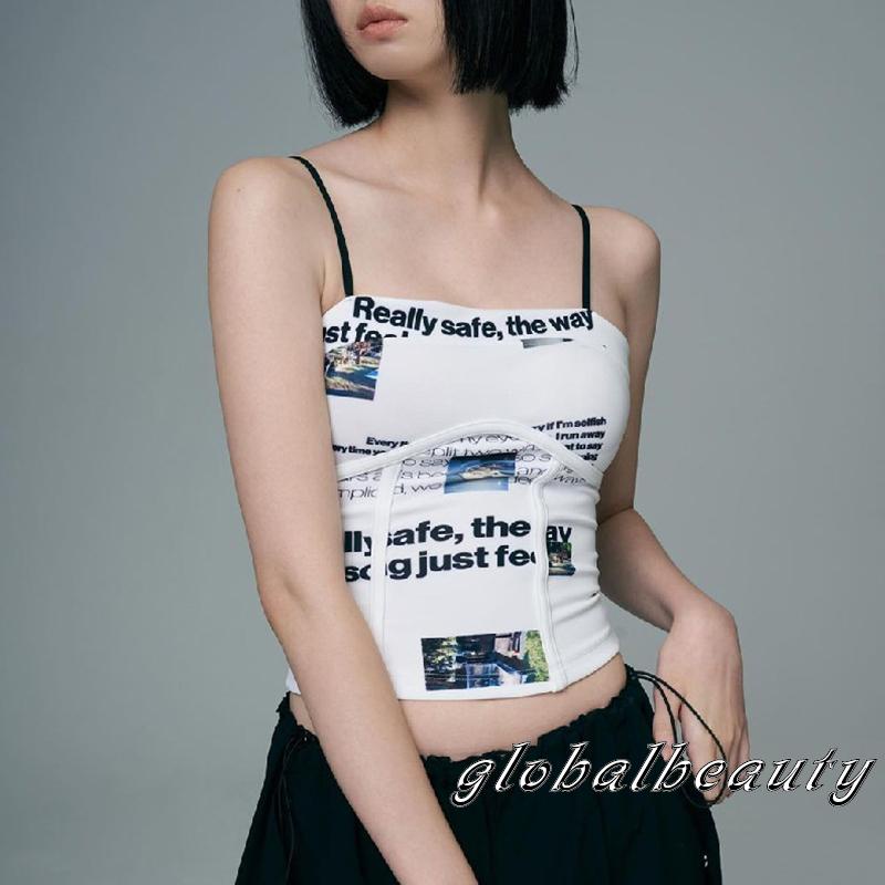 Áo Hai Dây Cổ Vuông In Họa Tiết Chữ Thời Trang Cho Nữ