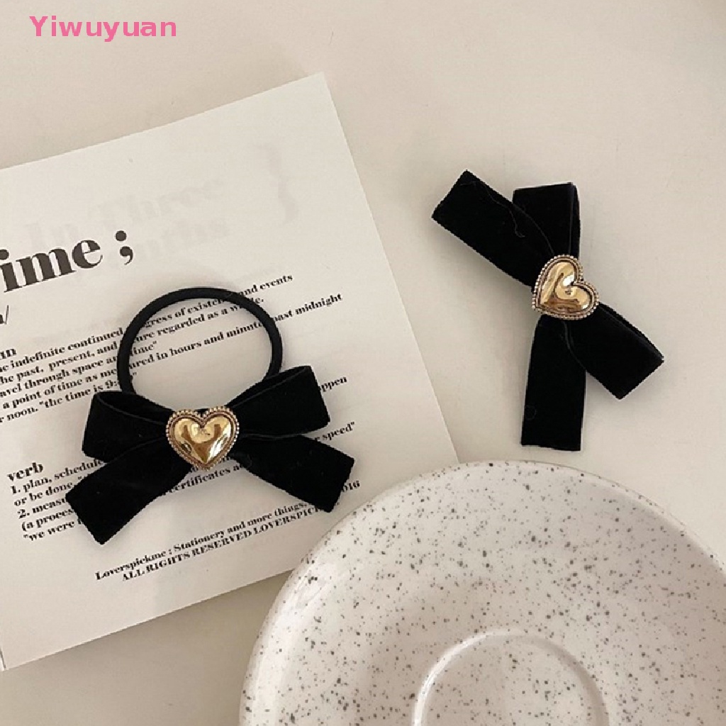 Dây Cột Tóc Hình Nơ Trái Tim Bằng Nhung Màu Đen Thanh Lịch Cho Nữ