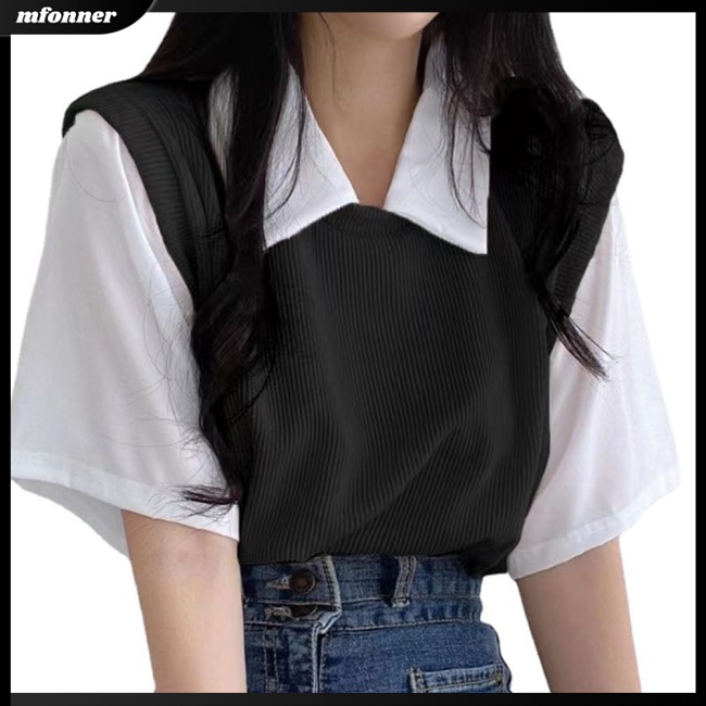 Áo Sơ Mi Tay Ngắn Dáng Rộng Màu Sắc Tương Phản Thời Trang Mùa Hè Thoáng Khí Cho Nữ