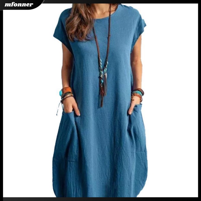 Đầm Midi Cotton Lanh Tay Ngắn Cổ Tròn Màu Sắc Đơn Giản Dành Cho Nữ