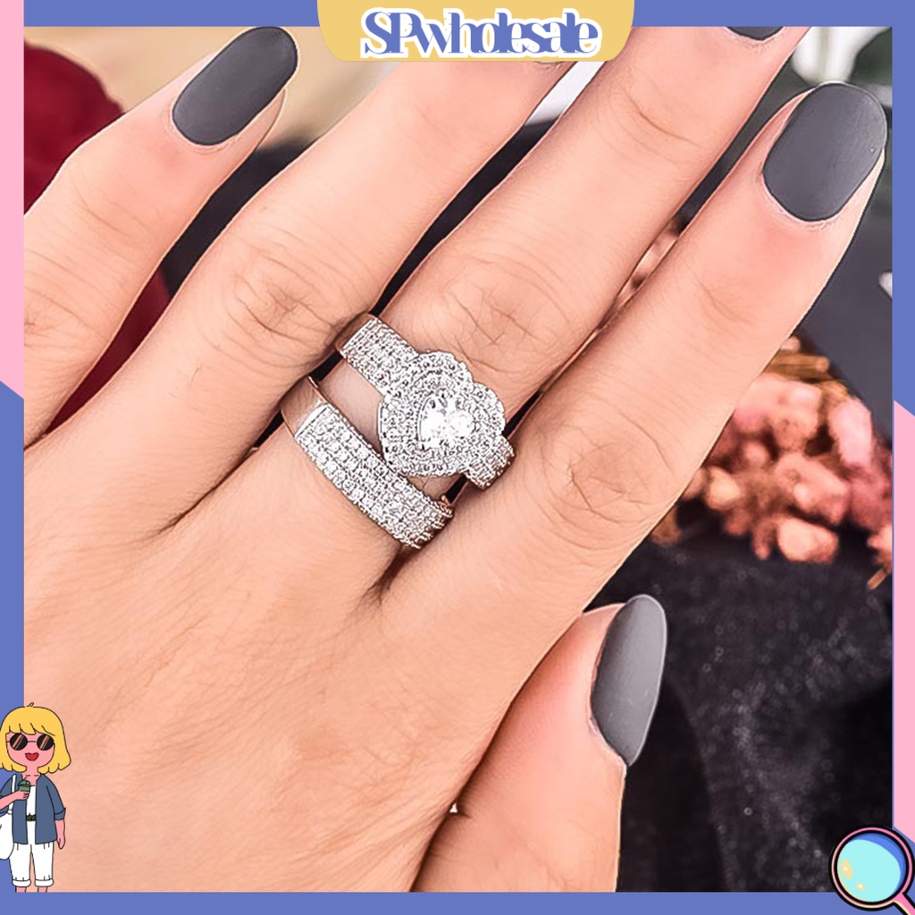 <SPwholesale> Bộ 2 Nhẫn Đính Đá Hình Trái Tim Sang Trọng Cho Cô Dâu