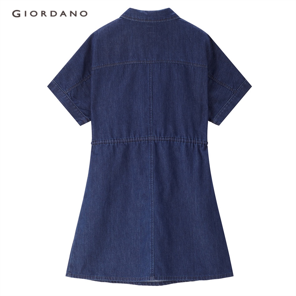 Đầm denim GIORDANO 18463715 thắt lưng dây rút phối túi đôi cho nữ