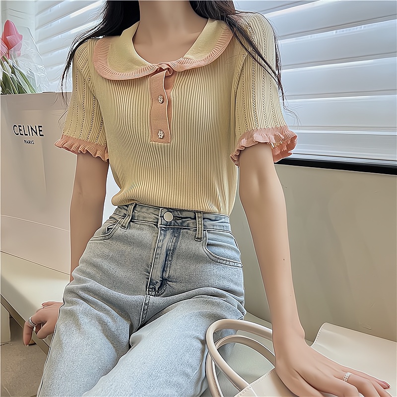 Áo Dệt Kim Cổ Búp Bê Phối Ren Thời Trang Mùa Hè Cho Nữ