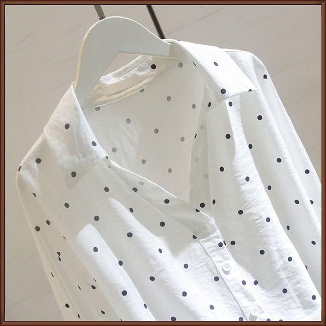Áo Sơ Mi Cotton Chữ A Tay Lửng Cổ Chữ V Họa Tiết Chấm Bi Thời Trang Xuân Thu Cho Nữ