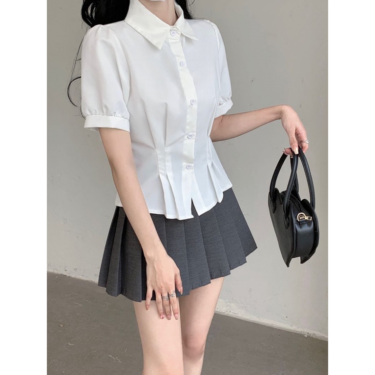 Áo Sơ Mi Tay Ngắn Phồng Ôm Eo Thời Trang Mùa Hè Kiểu Mới