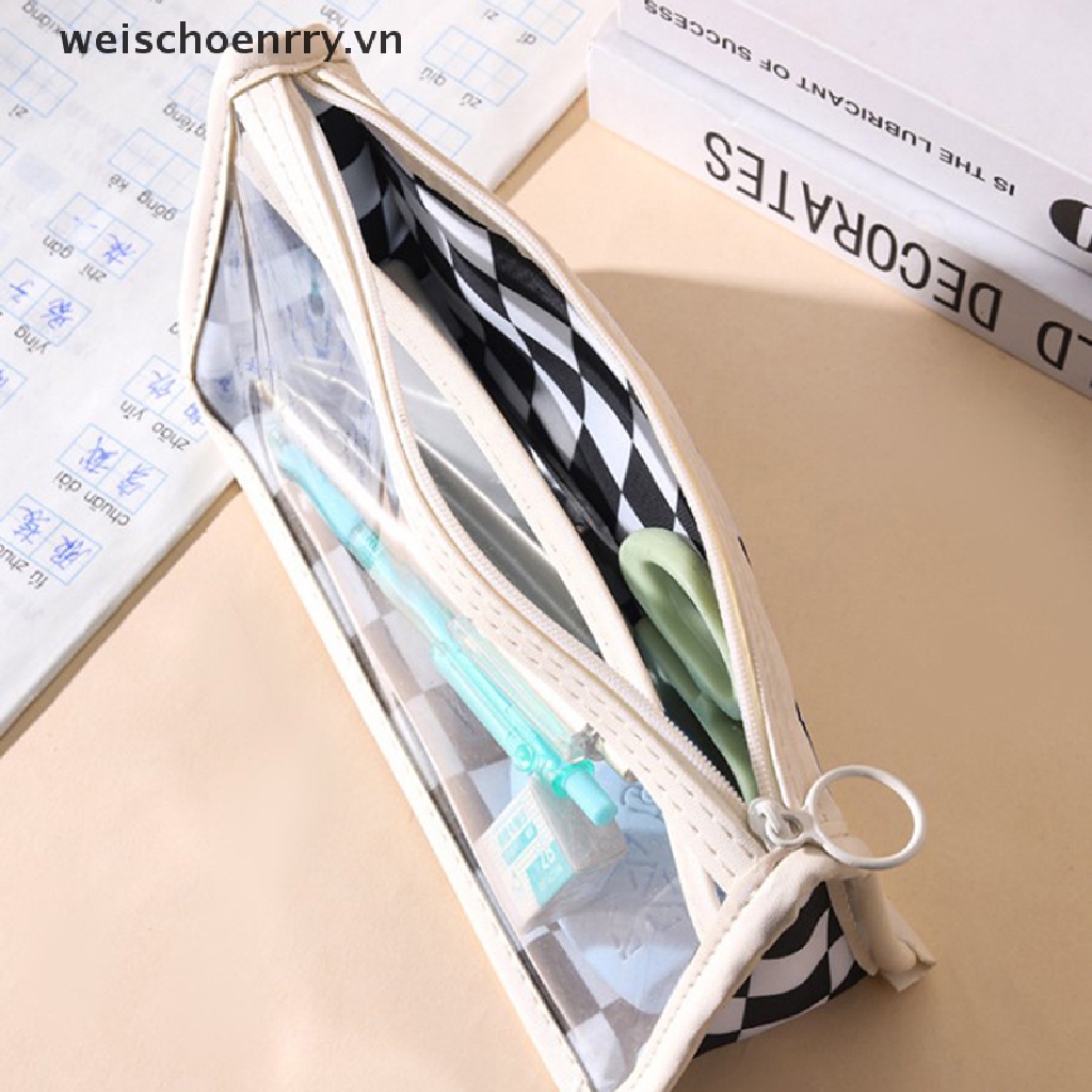 Túi Đựng Bút Họa Tiết Kẻ Ô Trong Suốt Chống Nước