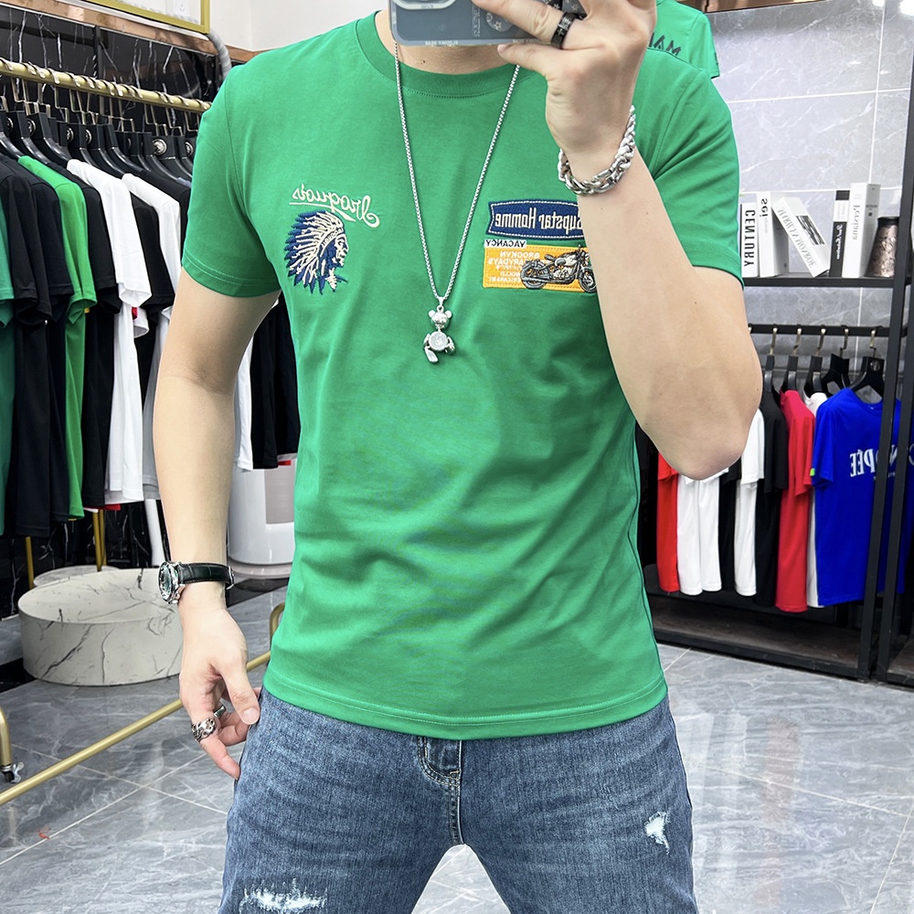 Áo Thun Tay Ngắn Cổ Tròn Dáng Ôm Thêu Họa Tiết Xe Mô Tô Phong Cách Châu Âu Thời Trang Mùa Hè Cho Nam