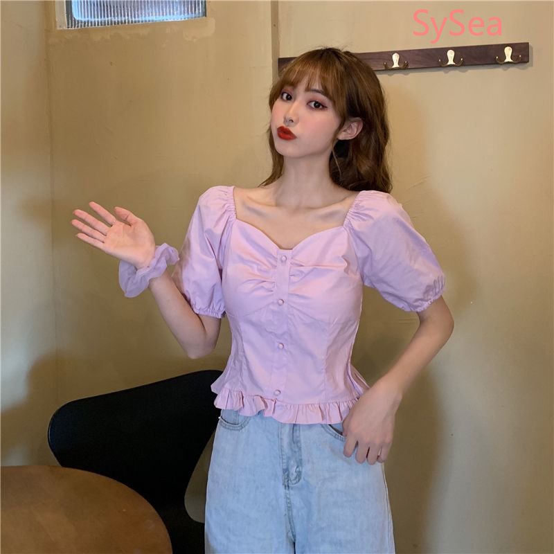 Áo Kiểu Tay Phồng Cổ Vuông Phong Cách Retro Pháp Cho Nữ