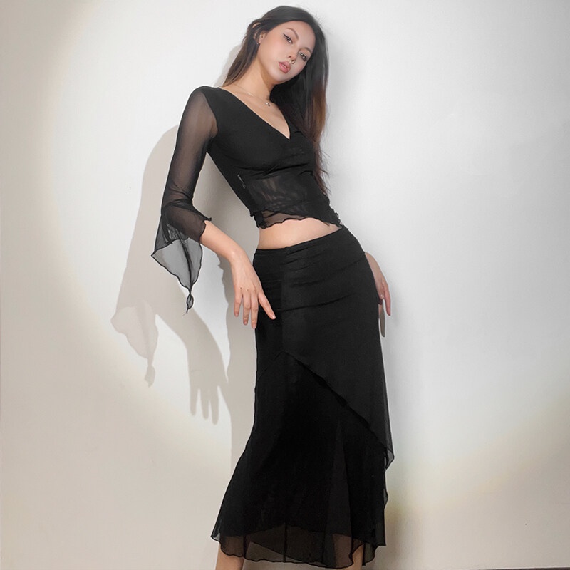 Kliou Set Áo Croptop Tay Loe Cổ Chữ V + Chân Váy Maxi Lưng Cao Thời Trang 2023 Cho Nữ