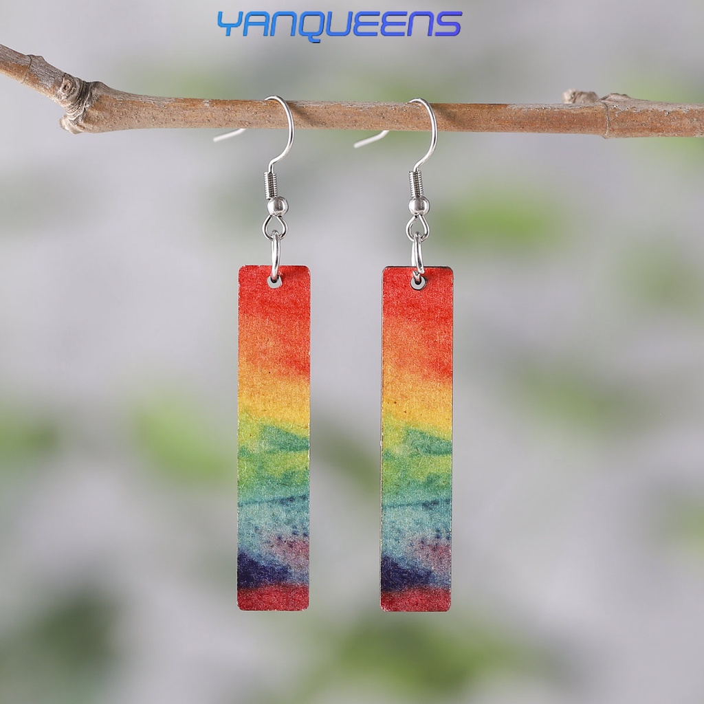 Khuyên Tai Mặt Gỗ Hình Học Họa Tiết Tranh Sơn Dầu Màu Gradient Cầu Vồng Phong Cách Vintage Yanqueens