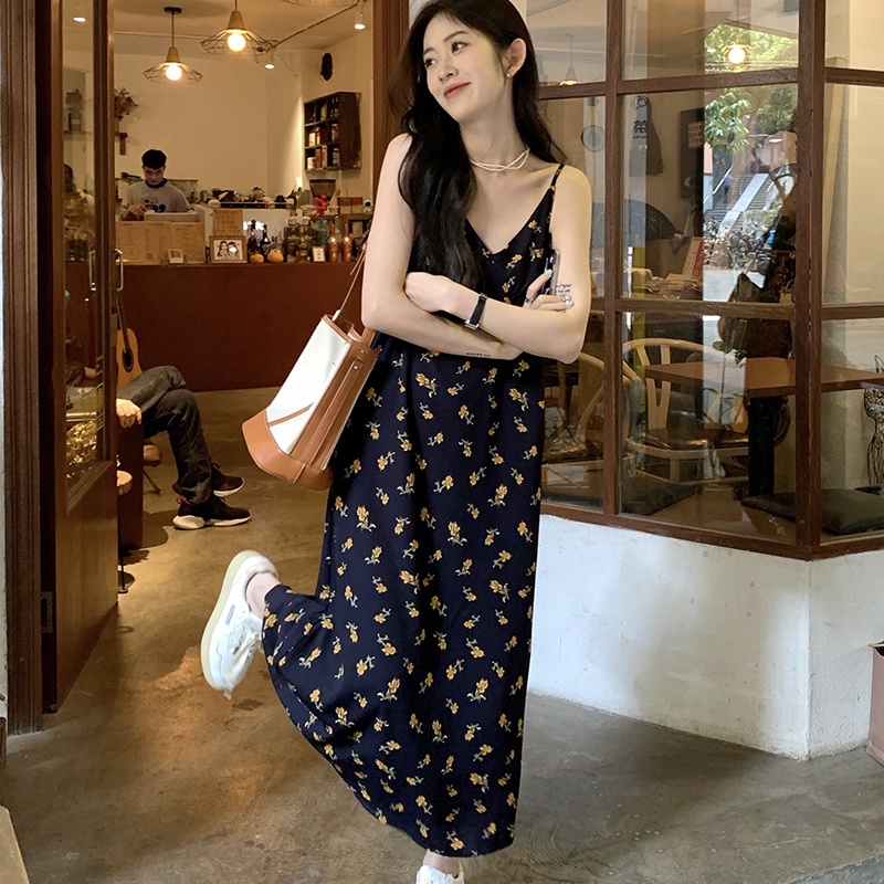 COZOKC Đầm Dài Trung Bình Không Tay Ôm Dáng In Hoa Phiên Bản Hàn Quốc