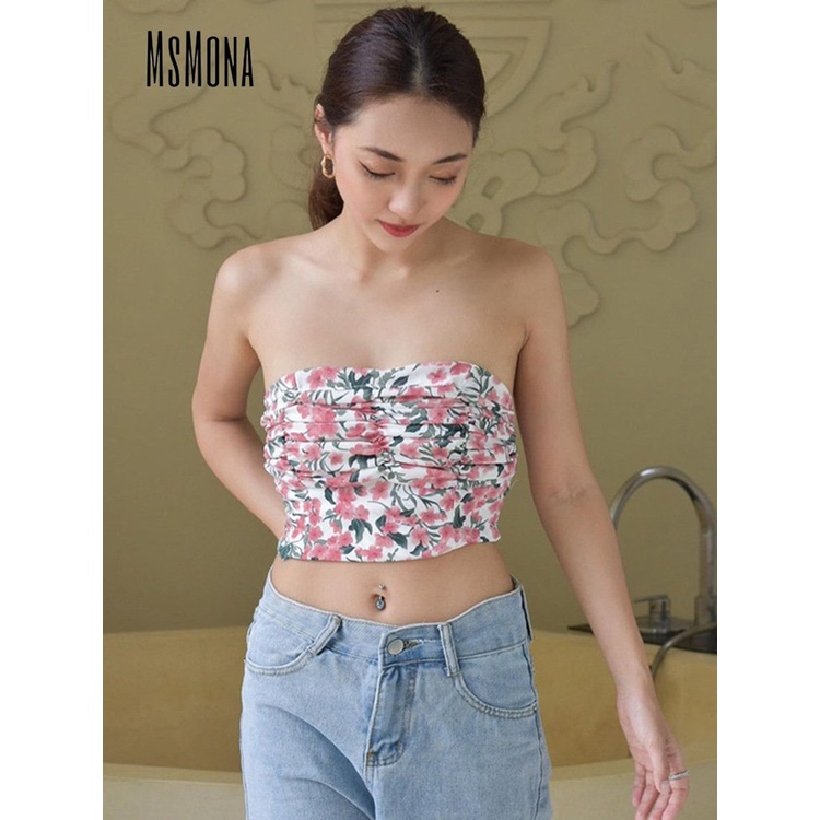 Áo Ống Mỏng Không Tay Hở Vai In Họa Tiết Hoa Tương Phản Thời Trang 2023 Cho Nữ