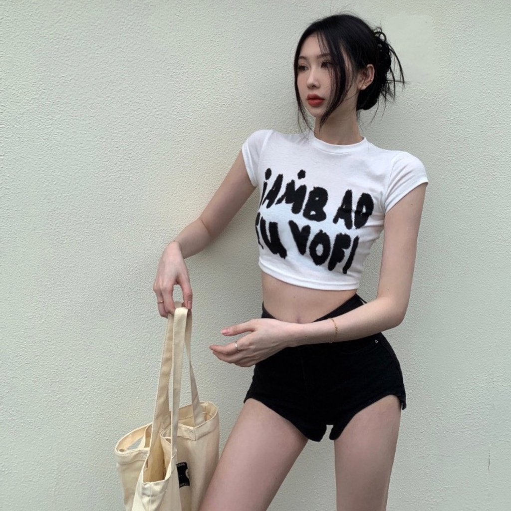 Áo croptop cổ tròn tay ngắn PINKSTORE29 kiểu in chữ I AM BAD cực chất A5690