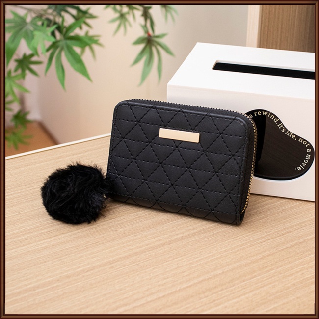 Ví Ngắn Bằng Da Pu Màu Trơn Thêu Họa Tiết Có Nhiều Ngăn Đựng Thẻ Và Bóng Lông Cho Nữ