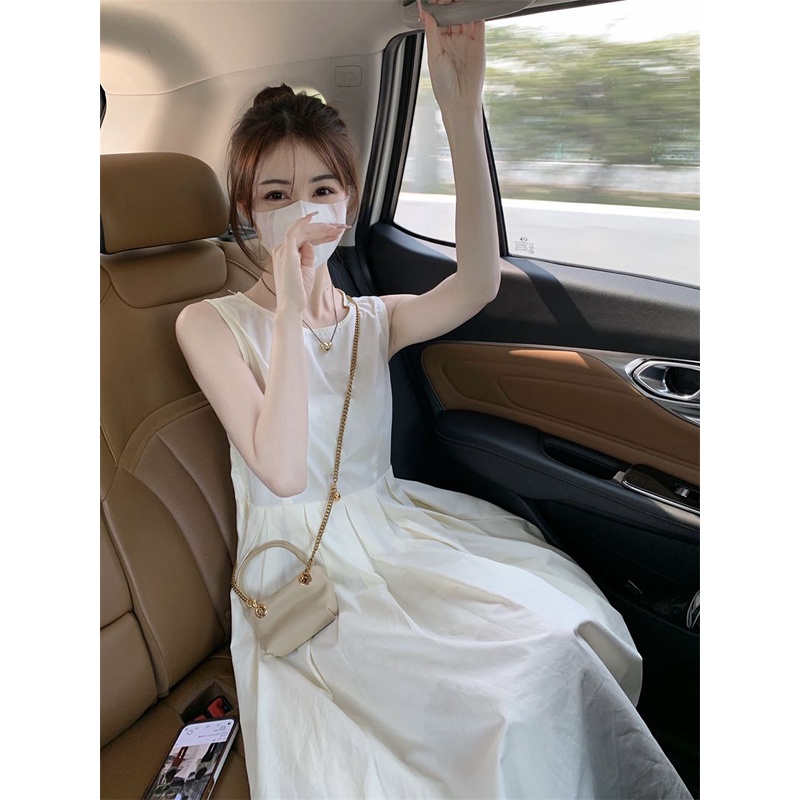 Đầm Trắng Không Tay Dáng Chữ A Ôm Eo Phong Cách Pháp Thời Trang Mùa Hè Cho Nữ