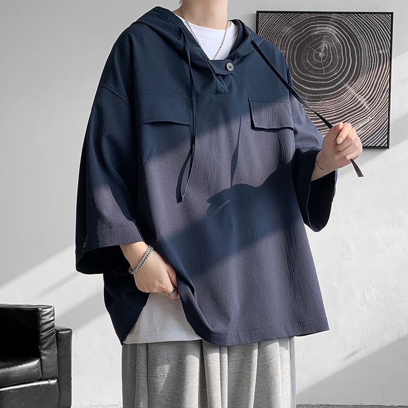 Áo Khoác Hoodie Lụa Lạnh Mỏng Ba Nửa Phong Cách Mỹ Cổ Điển Mùa Hè Đa Năng Cho Nam