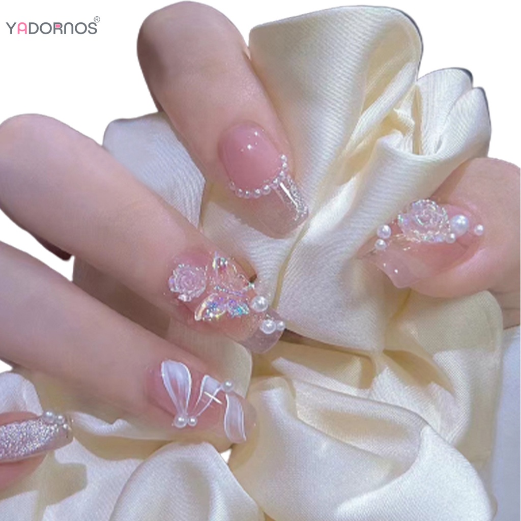 Móng Tay Giả Đính Hoa Trà Và Ngọc Trai Dễ Tháo Rời Yadors