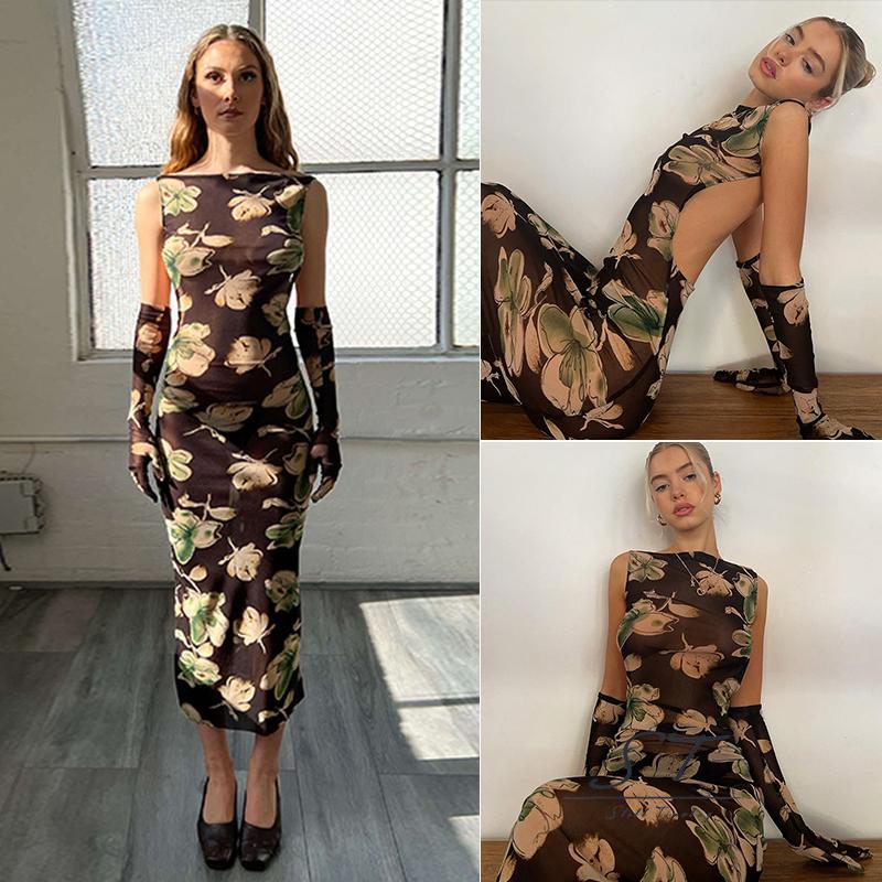 Đầm Dự Tiệc Sát Nách Cổ Chữ U Hở Lưng In Họa Tiết Bướm + Tay Áo Dành Cho Nữ CY03