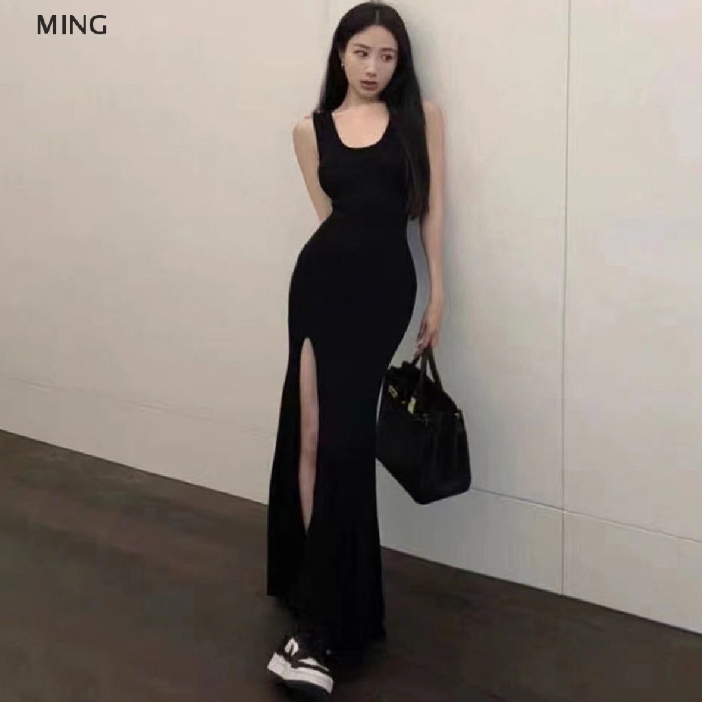 Đầm Dài Không Tay Cổ Tròn Xẻ Tà Cao Màu Đen Thanh Lịch Gợi Cảm Cho Nữ