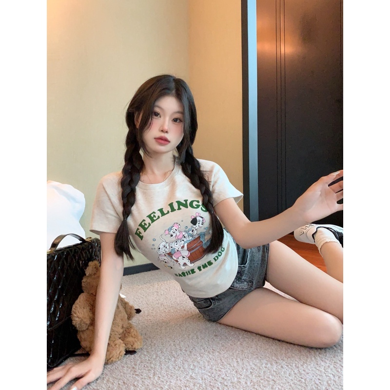 Áo Thun Ngắn Tay Dáng Ôm In Họa Tiết Hoạt Hình Cún Con Đáng Yêu Thời Trang Mùa Hè Cho Nữ