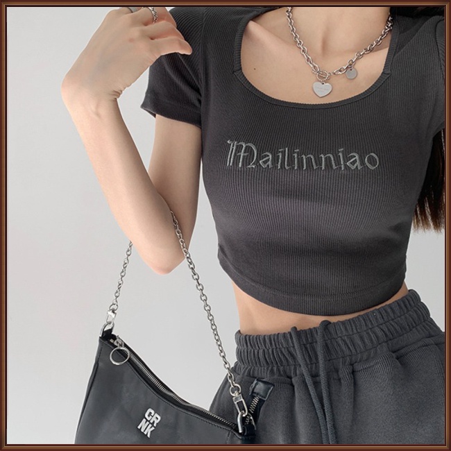 Áo Thun Croptop Ngắn Tay Cổ Chữ U Thêu Chữ Thời Trang Dành Cho Nữ