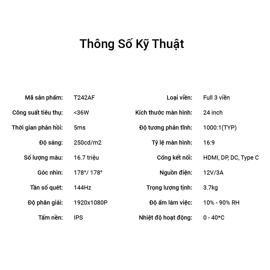Màn hình máy tính 24 inch FHD T242AF Tần số quét 144HZ Tấm nền IPS - siêu rẻ siêu chất lượng - Tomko