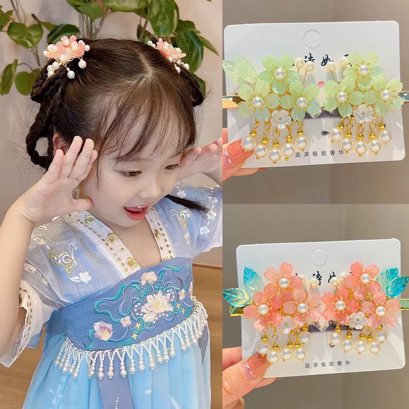 Kẹp Tóc Đính Hoa Tua Rua Phong Cách Trung Hoa Cổ Điển Cho Bé Gái