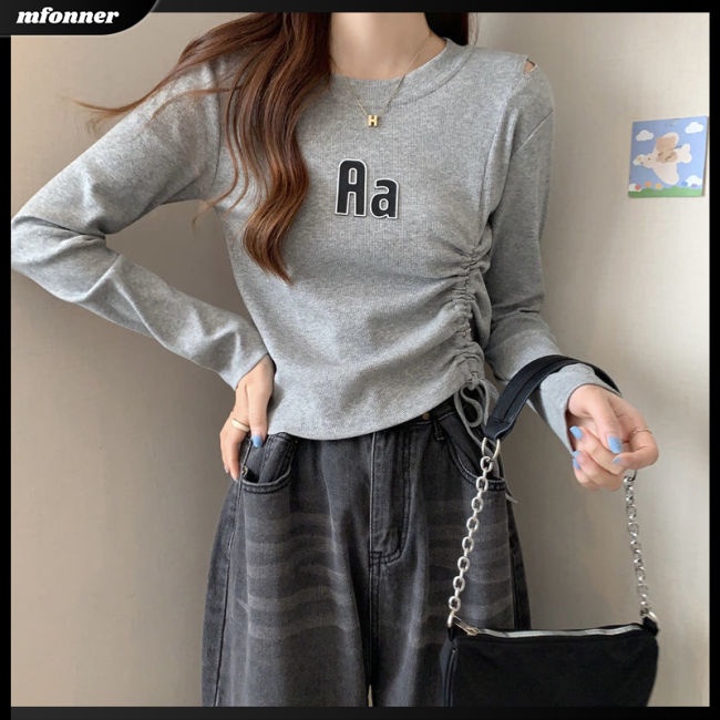 Áo Thun Tay Dài Cổ Tròn In Chữ Tiếng Anh Phối Dây Rút Cá Tính Cho Nữ