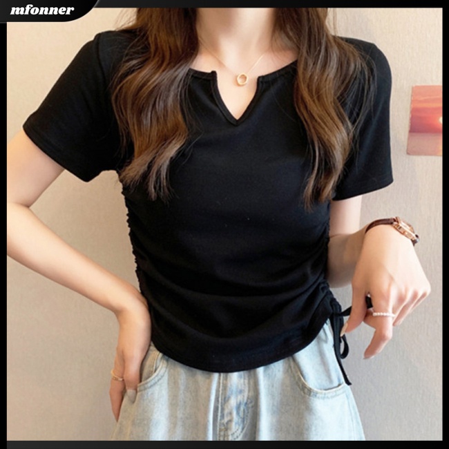 Áo Thun Tay Ngắn Cổ Chữ V Màu Sắc Thời Trang Gợi Cảm Cho Nữ