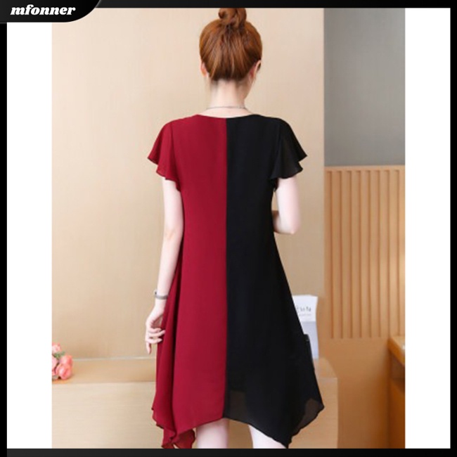 Đầm Midi Chữ A Tay Ngắn Cổ Tròn Màu Sắc Tương Phản Thời Trang Mùa Hè Cho Nữ