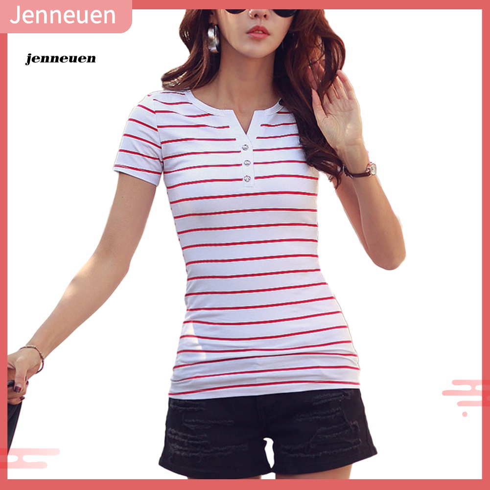 Áo Thun Cotton Cổ Chữ V Tay Ngắn Dáng Ôm Họa Tiết Kẻ Sọc Phối Nút Dành Cho Nữ