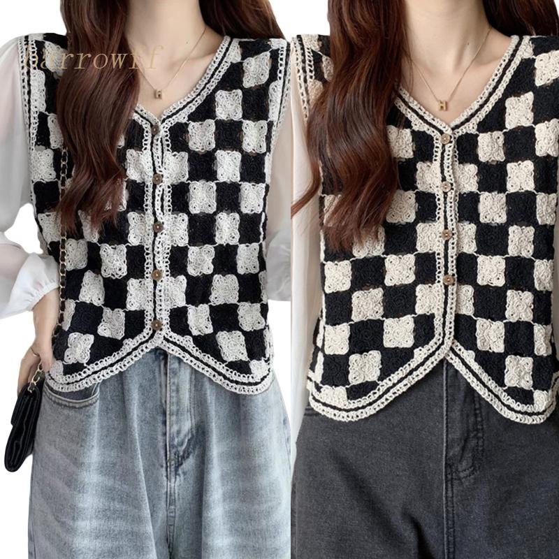 Áo Thun Nữ Dài Tay Cổ Tròn Ca Rô Trắng Đen Thời Trang