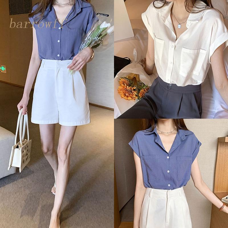 Áo Sơ Mi Tay Ngắn Dáng Rộng Màu Trơn Thời Trang Cho Nữ