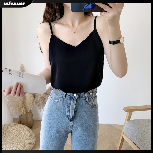 Áo Voan Hai Dây Cổ Chữ V Dáng Rộng Màu Trơn Thời Trang Mùa Hè Dành Cho Nữ