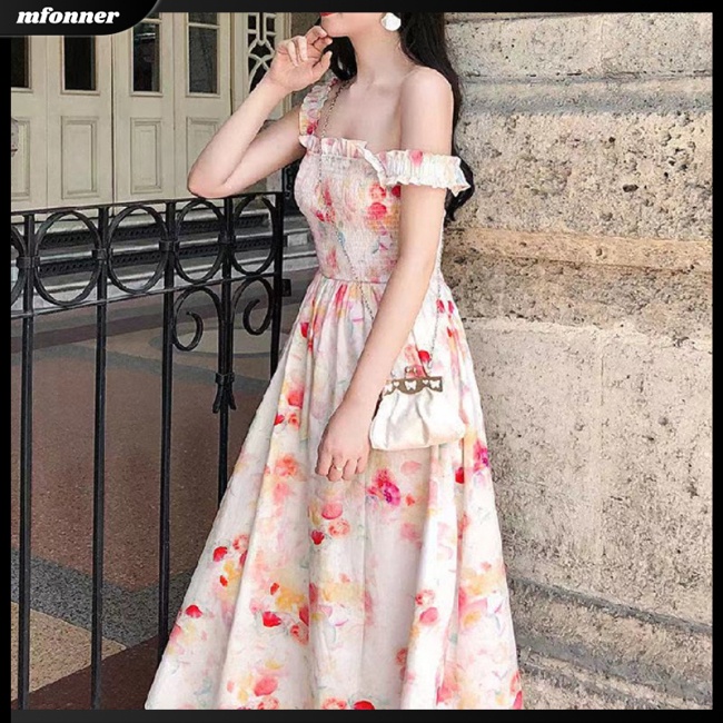 Đầm Midi Dáng Chữ A Tay Phồng Cổ Vuông in Họa Tiết Tranh Sơn Dầu Thời Trang Cho Nữ