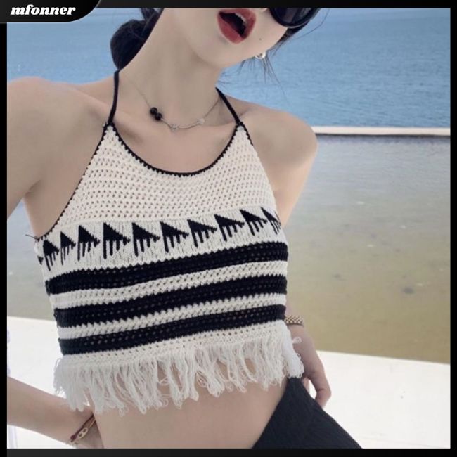 Áo Croptop Dệt Kim Phối Tua Rua Màu Tương Phản Thời Trang Mùa Hè Cho Nữ