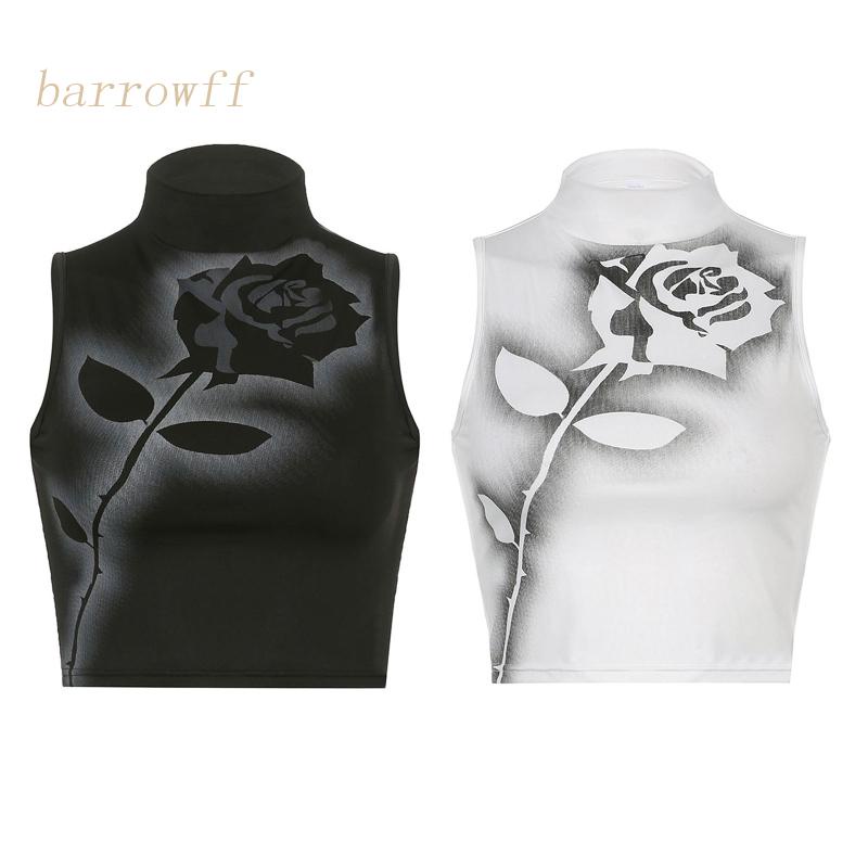 Áo Croptop Không Tay Cổ Lọ In Họa Tiết Hoa Hồng Phong Cách Harajuku Cổ Điển Dành Cho Nữ