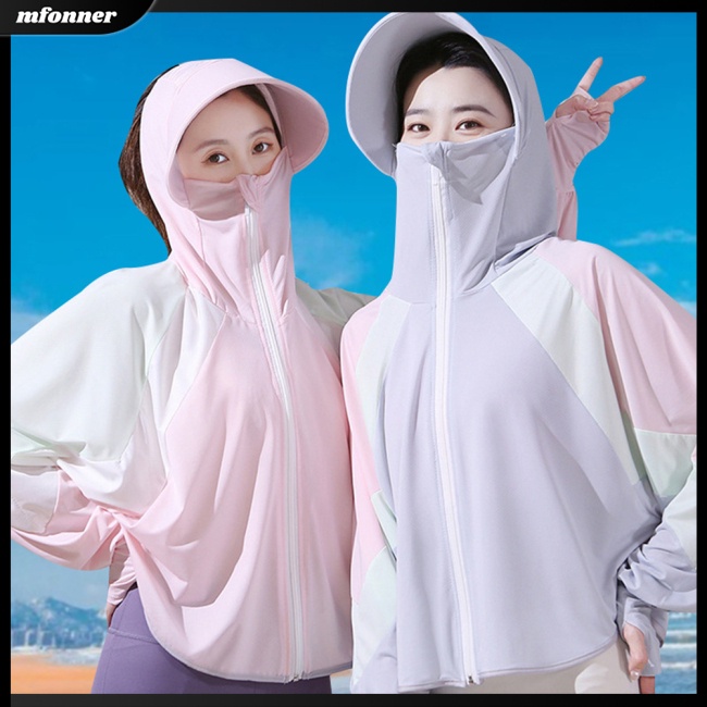 Áo Khoác Chống Nắng Tay Dài Có Mũ Vải Lụa Lạnh Mỏng Màu Sắc Tương Phản Thời Trang Cho Nữ